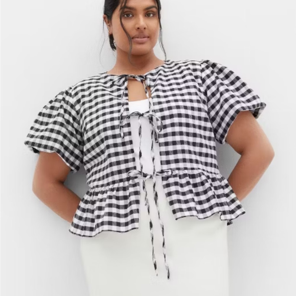 City Chic Jolie Top Peplum Puff Sleeve Black Gingham